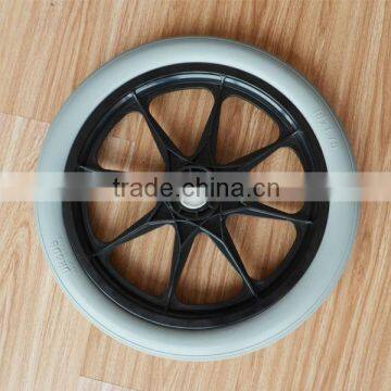 16x1.75 inch gray PU wheel with rib tread and black plastic rim for medical handcarts