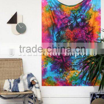 Hippie Twin Skull Tie & Dye Wall Art Boho Cotton Wall Hanging Home Decor Tapestry