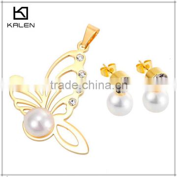 Shiny BUTTERFLY design with big pearl golden stainless steel pendant Jewelry set