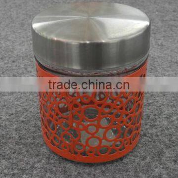 high quality red glass storage jar with hollow out of skin