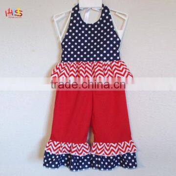 Red White and Blue Polka Dot and Chevrons Ruffled Pant Set Fashion Children Frocks Designs 2016 HSS7861