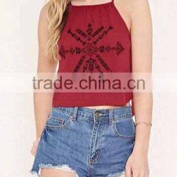 Red Halter Neck Embroidery Blouse Top Cotton Spandex Camisole HSB2285