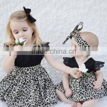 Wholesale lace fultter sleeve baby girl pom pom romper leopard print childrens dresses