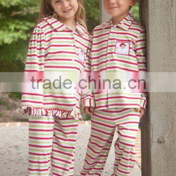 kids colorful stripe pajama set pure cotton Embroidery children sleepwear wholesale