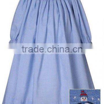 Blue Gingham Smocked Snowmen Bishop Dress