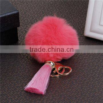 Gold Plated Watermelon Red Angora Pom Pom Ball Pink Rayon Tassel Promotional Keychain