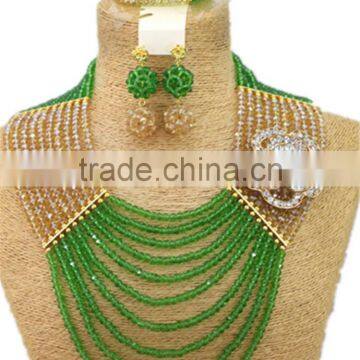 10layers Green Champagne Crystal Beads Brooches African Jewelry Set