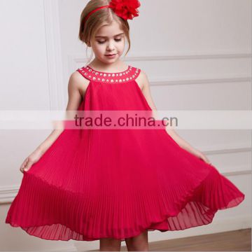 Unique Design Red Chiffon Fold Plastic Stone Dress Kids Birthday Party Outfit Polka Baby Girls