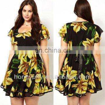 2013 women big yellow flowers printed plus size dress with fabric belt to waist short sleeves made in China OEM your brand