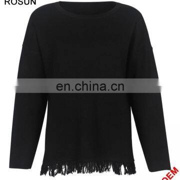 Women New designs Fringe Bottom Drop Shoulder Knit Sweater with 16GG