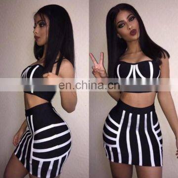 Amigo 2017 New Design Black White 2pcs Sets Crop Top and Mid Pencil Skirt Bandage Dress Suit Sexy Evening Dresses for Women photo-2