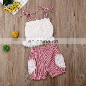 GIRL Sweet Summer Outfit Baby White Lace Ruffle Tops & Striped BLOOMERS 2pcs Sets photo-4