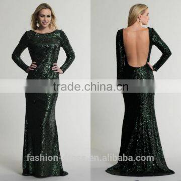 Elegant Sheath See Through Back Long Sleeve Green Sequin Evening Dress