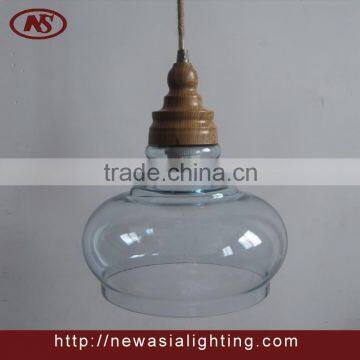 glass pendant lamp of blown glass shade,natural wood color of cover,linen fabric cable glass pendant light