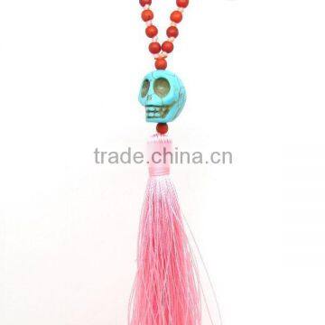 NE2300 Fashion brown howlite beads knotted skull pink tassel necklace