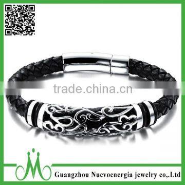 Customized Stainless Steel Magnetic Leather Bracelet Braided Mens Leather Bracelet