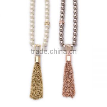 Long glass pearl tassel necklace