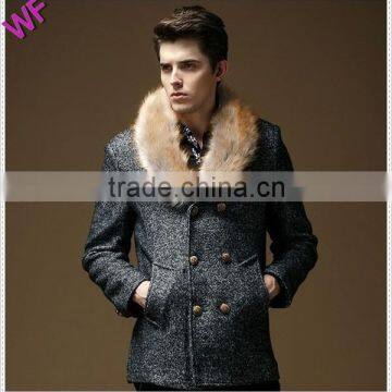 Custom Made Men's Big Fur Collar Wool Coat