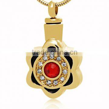 18K Gold Flower Shape Red Crystal Stainless Steel Cheap Cremation Jewelry for Ashes Pendant