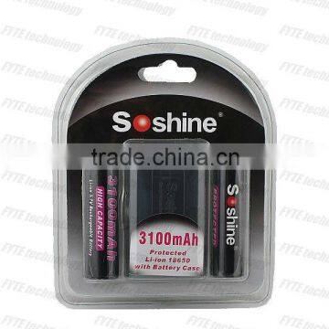 SUPER high capacity 3100mah 18650 li-ion battery protected with button top storage case 3.7v by soshine