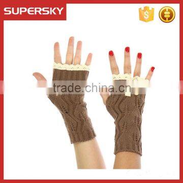 V-52 crochet knitting lace ruffle fingerless mitten gloves with button knit arm warmers