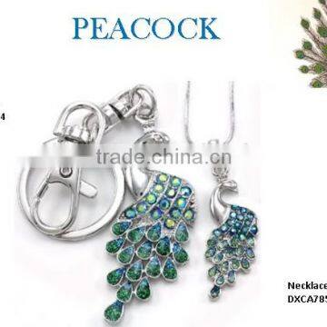 Fashion silver snake chain bule crystal peacock pendant neckalce with keychain jewelry set