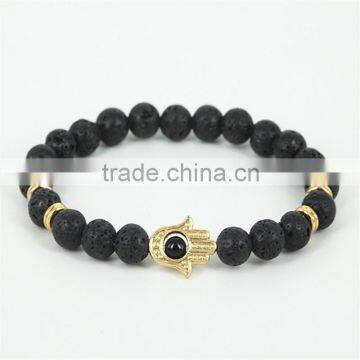 KJL-0100 New Design Black Natural Stone Lava Energy Beads Bracelet Black Agate Hamsa Bracelet For Uniex