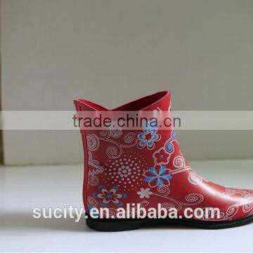 Sexy Red Ankle Female Floral Rubber Rain Boots photo-2