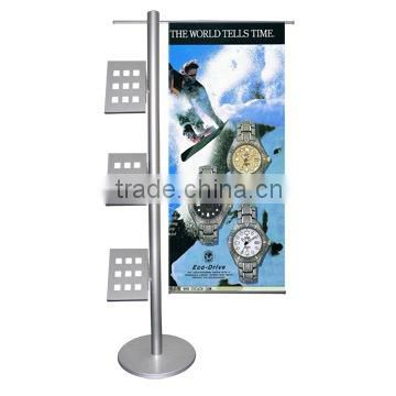 Poster Stand with Shelf, Brochure Holder Stand, Free-Standing Display with Snap-Open Frame