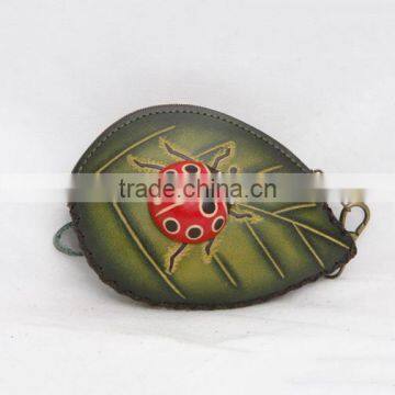 Handmade Leather Large Ladybug on Leaf Coin Purse