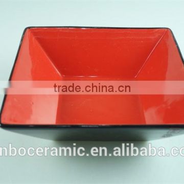 Square japanese noodle bowl red & black ceramic stoneware, large ceramic salad bowls japanese style