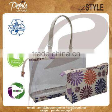 Customize Flora Print See Through Pvc Jute Tote Bag With Pouch photo-4