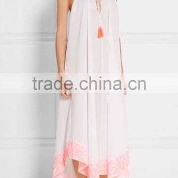 Holiday Sexy Cotton-Crepon Maxi Dress Backless Long Beach Dresses With Colorful Pink Embroidery Tasseled Ties 2016 HSD5840 photo-3