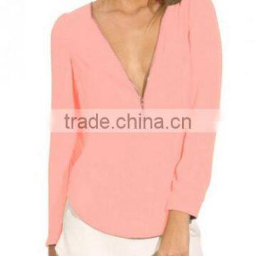 2016 New Fashion Women Autumn Sexy Long Sleeve Zipper Chiffon Blouse