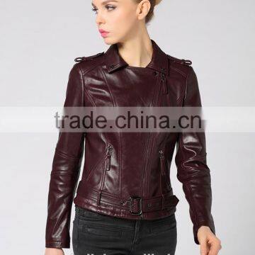 Newest German Style Lady Pure Lambskin Trendy Red Wine Leather Jacket photo-3