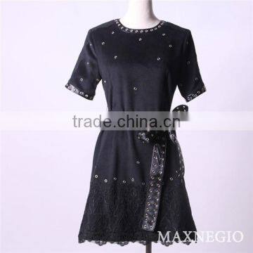 2015 High Quality Fashion Leather and Lace Splicing Vintage Style Dress With Belt photo-5