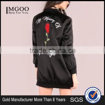 Black Rose Embroidered Bomber Jacket 100% Polyester Vintage Casual Back Silky Longline Winter Zipper Jacket