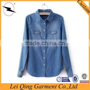 Two pockets garment wash denim shirt women