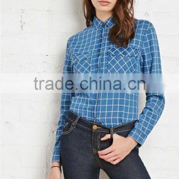 2015 Custom Women's Blue Plaid Long Sleeve 100% Cotton Flannel Shirt photo-2