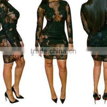 euramerican hot sale lace transparent long sleeve bodycon women dress slim club sexy dress fasion dress