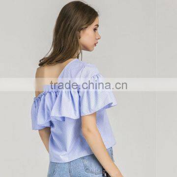 HOT Style Plaid Flouncing Short Sleeve, Women Sexy One-shoulder Blouse photo-2