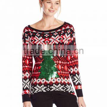 Women Red White Sweater Pixelated Pattern Christmas Jumper Knitting Patterns For Adults
