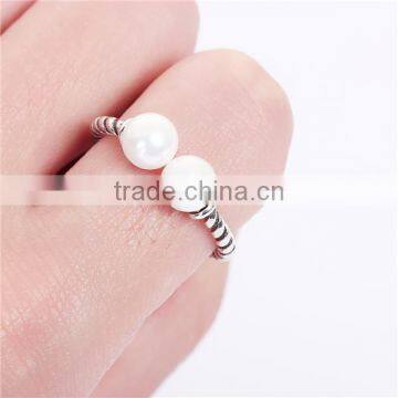 White Copper Cable Twisted Open Rings Antique Silver White Acrylic Imitation Pearl Spiral photo-3