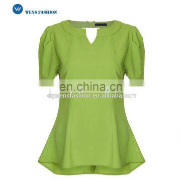 V-Neck Asymmetric Trumpet Bottom Puff Sleeves Green Blouse