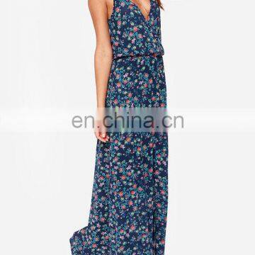 CHEFON wrap bodice spaghetti strap printed floral maxi dress polyester cotton dress