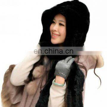 women's 100% real genuine knitted rex rabbit fur hooded scarf with fringe