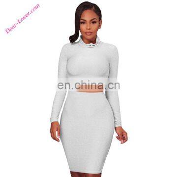 Ladies Designer Long Sleeve High Waisted Skirt and Crop Top Set