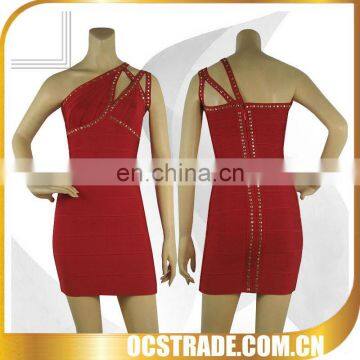 2014 wine red beaded one shoulder short cocktail dresses bandage material