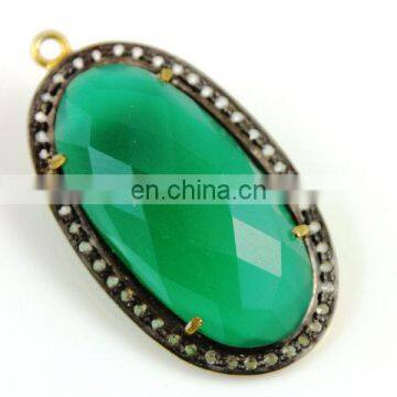 Green Onyx Pave Set in White Topaz, Gold Vermeil Over Sterling Silver, 34x21 mm,1 Piece