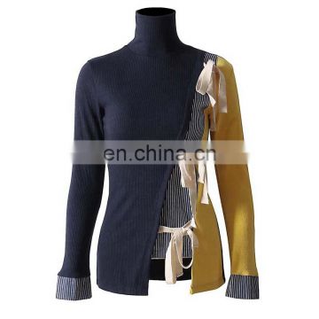 TWOTWINSTYLE Knitting Pullover Tops Female Turtleneck Long Sleeve Lace Up Patchwork Hit Color